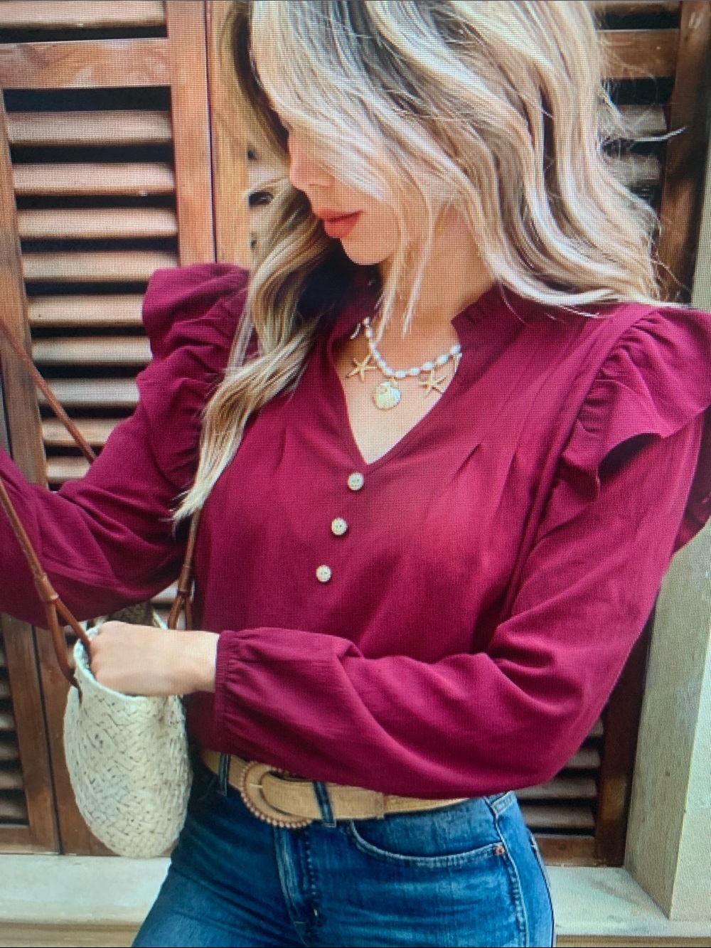 Women's V-Neck Puff Sleeve Blouse - Burgundy